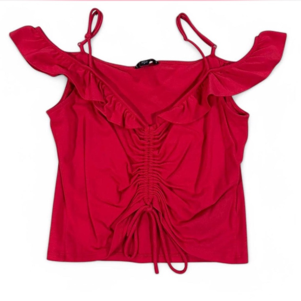 Guess Hot Pink Ruffle Cold-Shoulder Drawstring Tank
